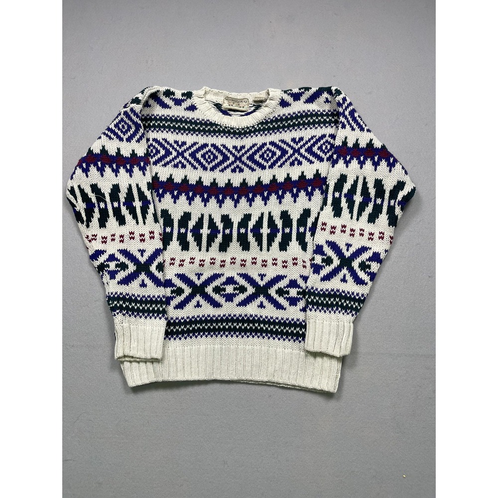 Woods & Gray Sweater Ramie‎ Cotton Fair Isle Geometric Cream Blue M Mens